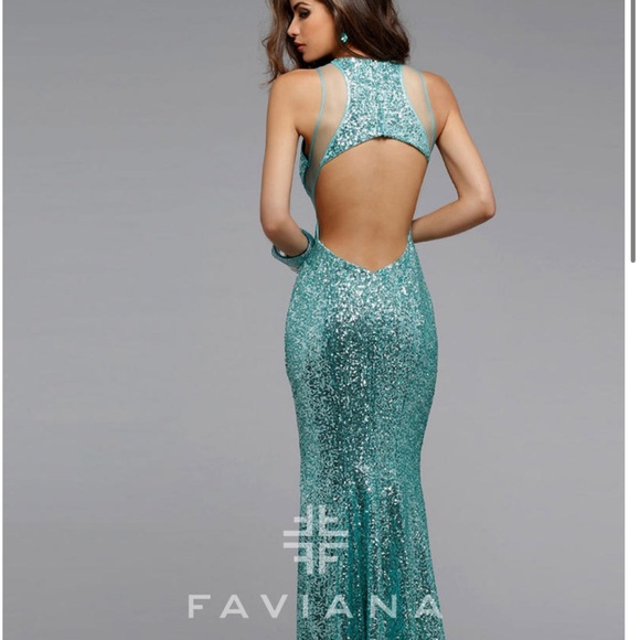 Stunning Mermaid Faviana prom sequin gown, seafoam aqua green # 7331 0 & 2 NWT - Picture 3 of 6